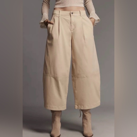 Maeve Pants - Anthropologie Maeve Wide Leg Barrell keg Khaki Beige Crop Trousers
